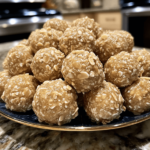 A plate of chocolate-coated peanut butter balls, arranged neatly with a glossy finish, some with a drizzle of peanut butter on top.