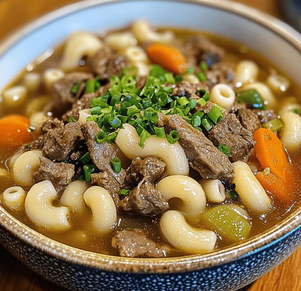 A steaming bowl of beef and macaroni soup, featuring tender ground beef, macaroni pasta, diced tomatoes, and fresh herbs in a savory broth.