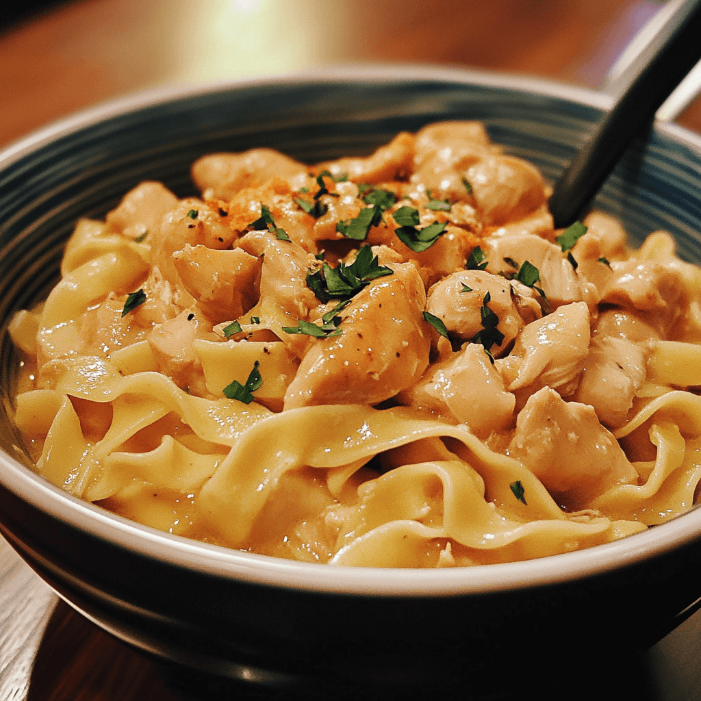 A bowl of comforting chicken and noodles crock pot, featuring tender pieces of chicken, soft noodles, and a rich, savory broth, served in a cozy setting.