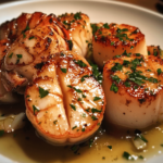 A platter of garlic butter lobster and scallops, showcasing perfectly seared lobster tails and plump scallops, drenched in a rich garlic butter sauce, garnished with fresh herbs.