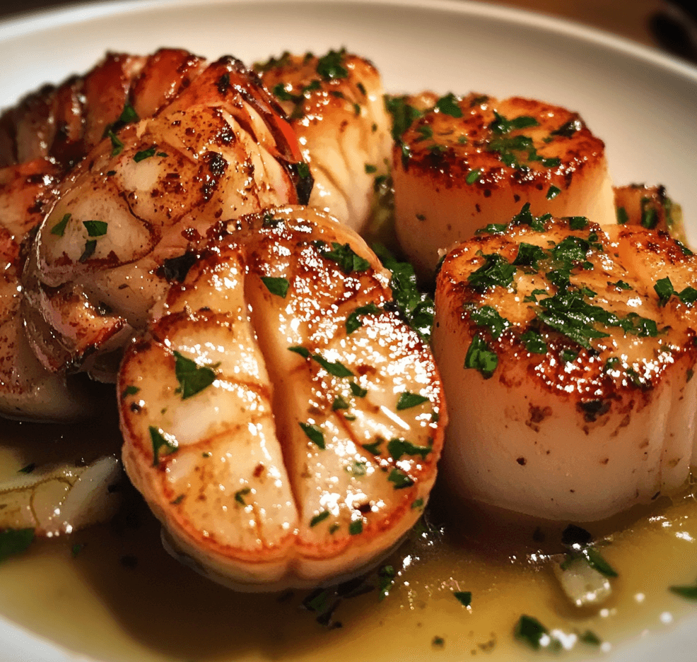 A platter of garlic butter lobster and scallops, showcasing perfectly seared lobster tails and plump scallops, drenched in a rich garlic butter sauce, garnished with fresh herbs.