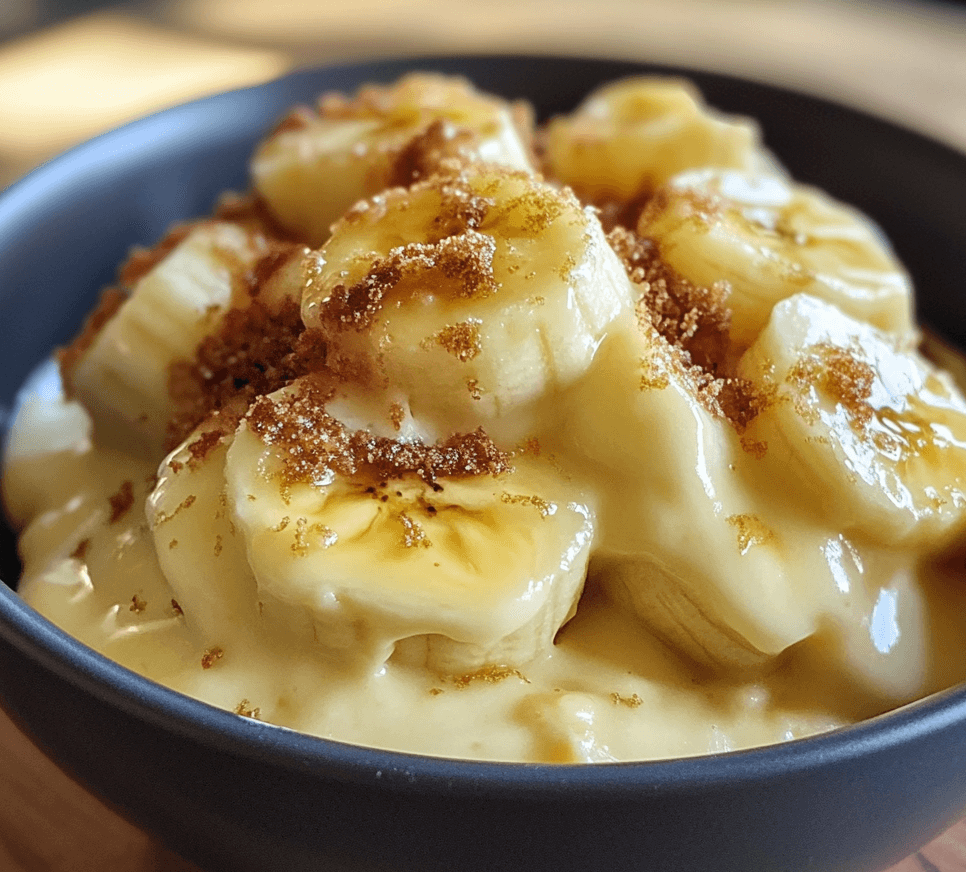 A bowl of creamy banana dessert with layers of banana slices, pudding, and whipped cream, garnished with a sprinkle of crushed cookies.