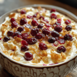 A dish of baked cream cheese cranberry dip, with a golden, bubbly top and vibrant cranberry sauce drizzled over it, served with crackers on the side for dipping.