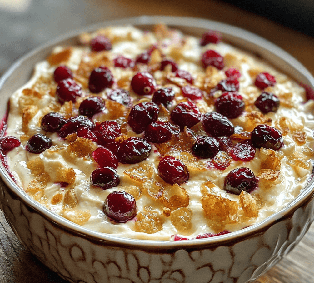 A dish of baked cream cheese cranberry dip, with a golden, bubbly top and vibrant cranberry sauce drizzled over it, served with crackers on the side for dipping.