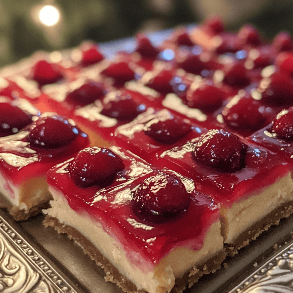 A plate of baked cherry cheesecake bars, featuring a creamy cheesecake filling, buttery golden crust, and topped with vibrant cherry compote, served as a decadent dessert.