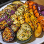 A platter of garlic herb roasted veggies, featuring crispy carrots, potatoes, and bell peppers, seasoned with garlic and fresh herbs, served as a side dish.