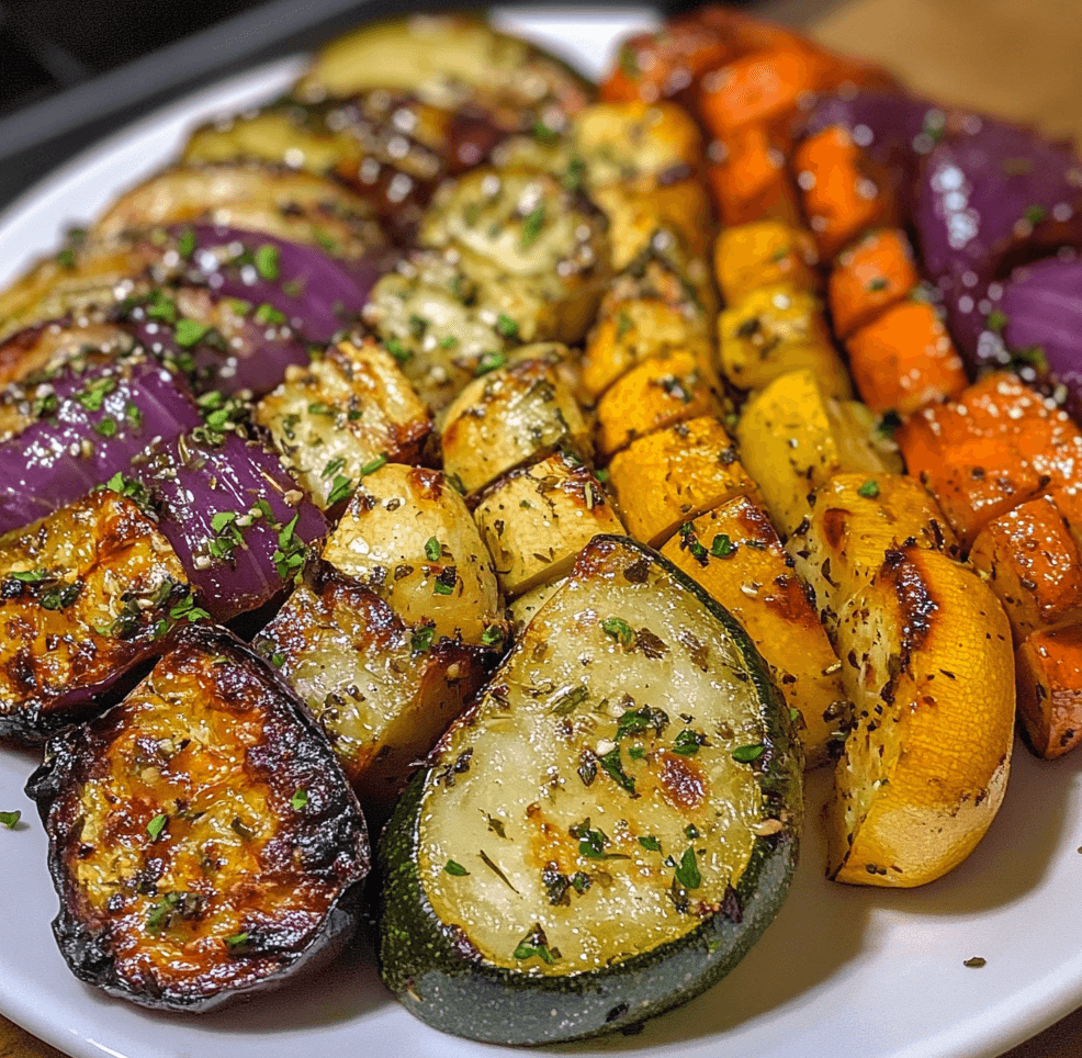 A platter of garlic herb roasted veggies, featuring crispy carrots, potatoes, and bell peppers, seasoned with garlic and fresh herbs, served as a side dish.