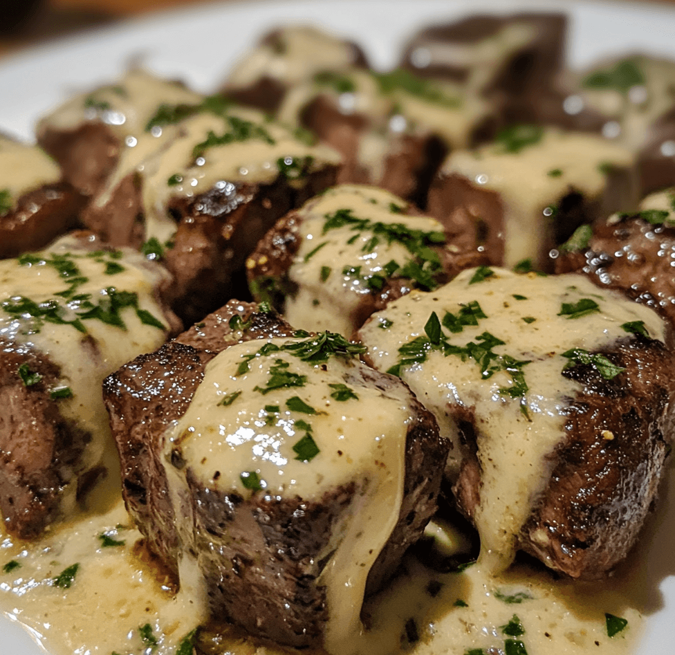 A plate of garlic butter steak bites, golden and crispy on the outside, drenched in a creamy parmesan sauce, garnished with fresh herbs.