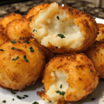 A plate of golden-brown cheesy mashed potato puffs, crispy on the outside with a soft, creamy interior, garnished with herbs.