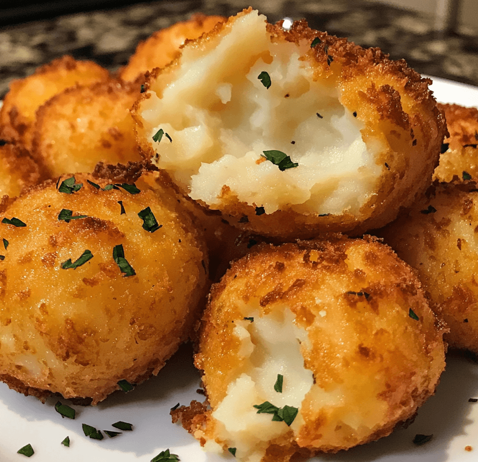 A plate of golden-brown cheesy mashed potato puffs, crispy on the outside with a soft, creamy interior, garnished with herbs.