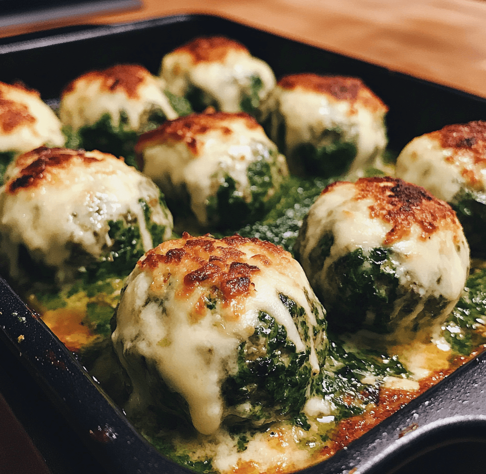 A plate of spinach garlic meatballs stuffed with mozzarella, with golden-brown exteriors and gooey cheese oozing from the center, garnished with fresh parsley