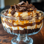 A glass trifle dish filled with layers of fudgy brownies, creamy cheesecake, and luscious salted caramel, topped with whipped cream and caramel drizzle.