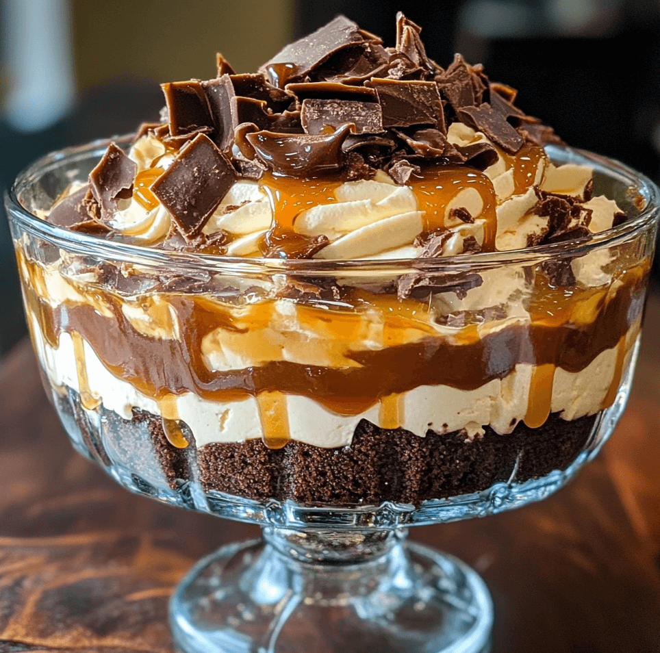 A glass trifle dish filled with layers of fudgy brownies, creamy cheesecake, and luscious salted caramel, topped with whipped cream and caramel drizzle.