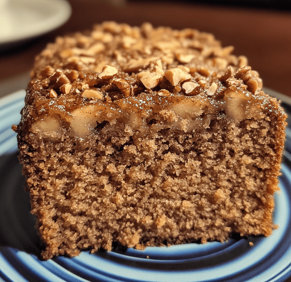 A slice of apple walnut spice cake with visible apple chunks and walnuts, topped with a dusting of powdered sugar and surrounded by autumn-themed decorations.