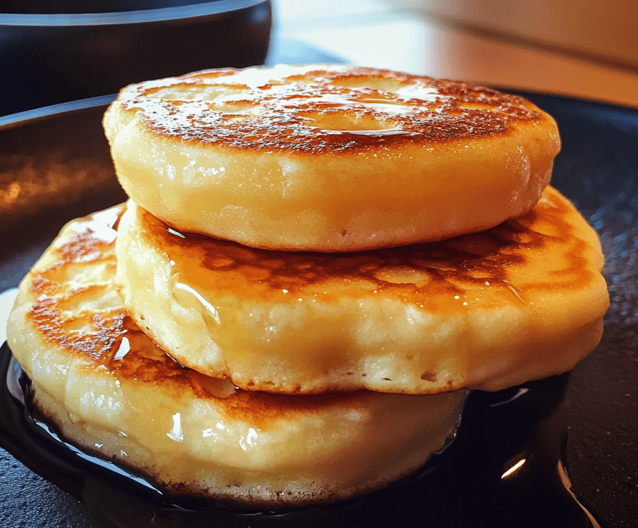 Stack of fluffy Japanese pancakes topped with a dollop of whipped cream, maple syrup, and fresh berries.