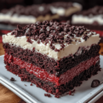 A close-up of a slice of cookies & cream red velvet brownie, showcasing its vibrant red color, swirls of cookies and cream, and a soft, fudgy texture.