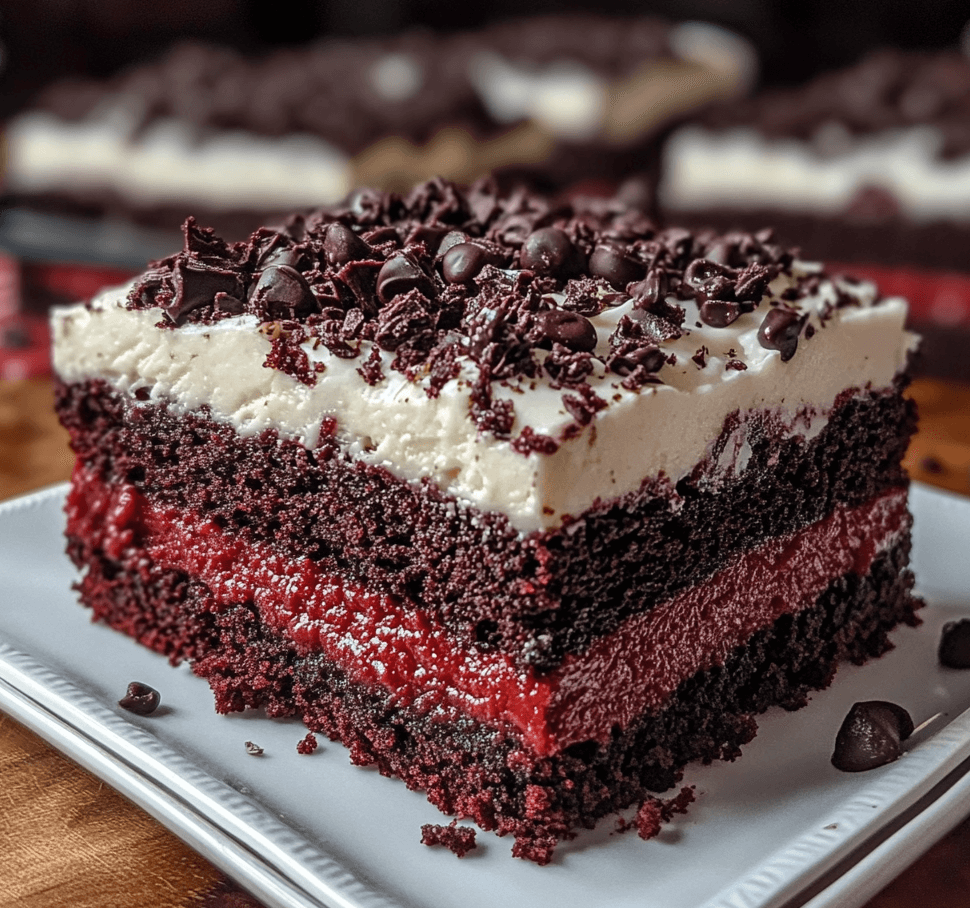 A close-up of a slice of cookies & cream red velvet brownie, showcasing its vibrant red color, swirls of cookies and cream, and a soft, fudgy texture.