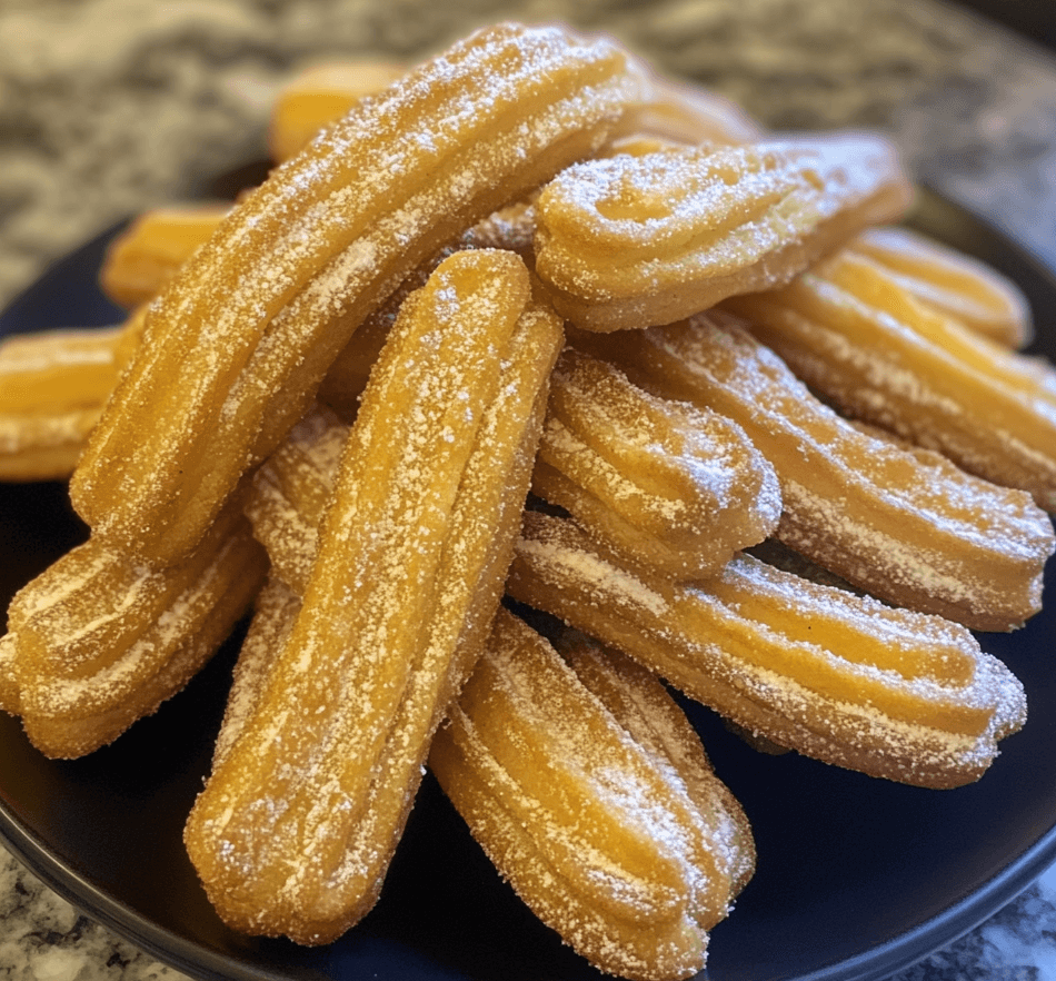 A plate of homemade churros dusted with cinnamon sugar, served with a small bowl of chocolate dipping sauce.