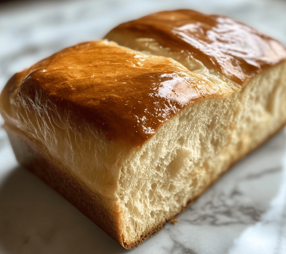 A freshly baked loaf of sweet milk bread with a golden crust, sliced to reveal its soft, fluffy interior, placed on a wooden cutting board.