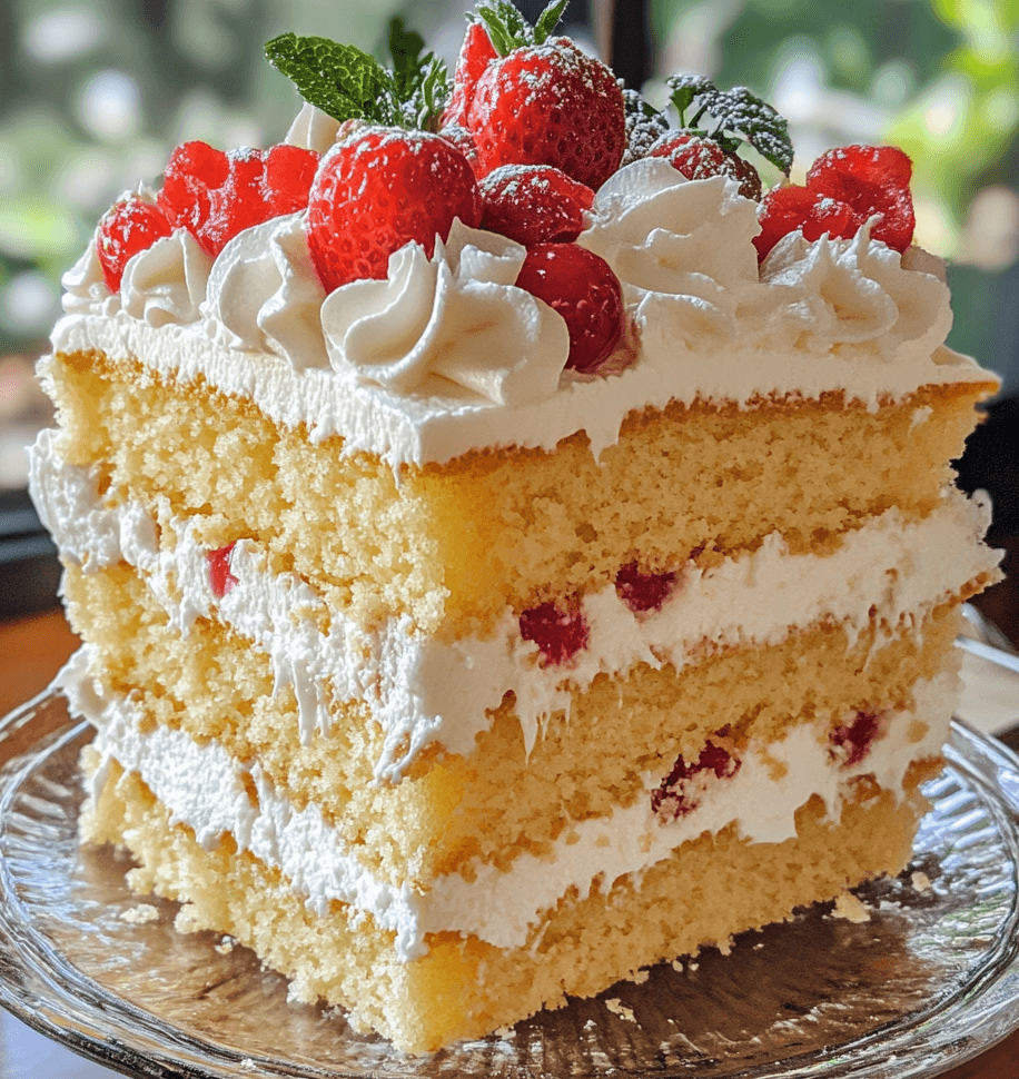 A tall and fluffy sponge cake with a golden crust, sliced to show its light and airy texture, served on a white plate.