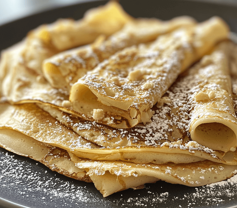 A stack of thin French crepes folded with a drizzle of chocolate syrup, topped with fresh berries and a dusting of powdered sugar.