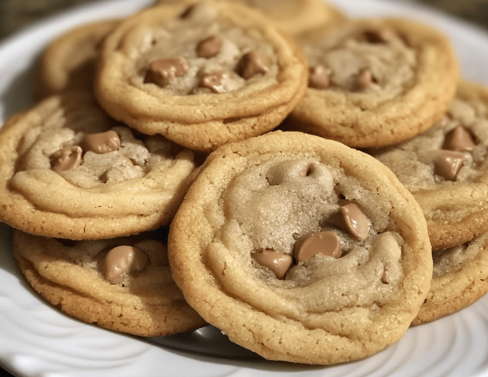 A plate of freshly baked condensed milk cookies, golden brown and soft, with a light dusting of powdered sugar.