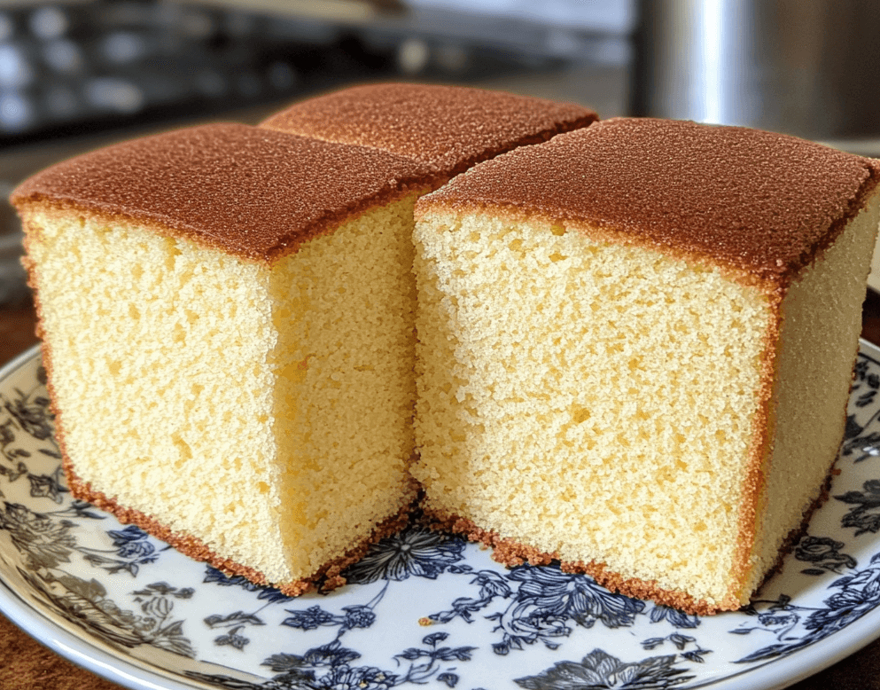 A fluffy slice of Japanese sponge cake, with a soft texture and a golden-brown crust, served on a plate with a cup of tea.