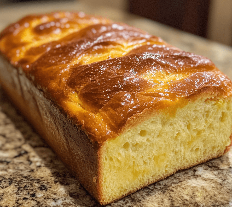 A freshly baked homemade sweet bread with a golden-brown crust, sliced to reveal its soft and airy interior, served on a wooden cutting board.