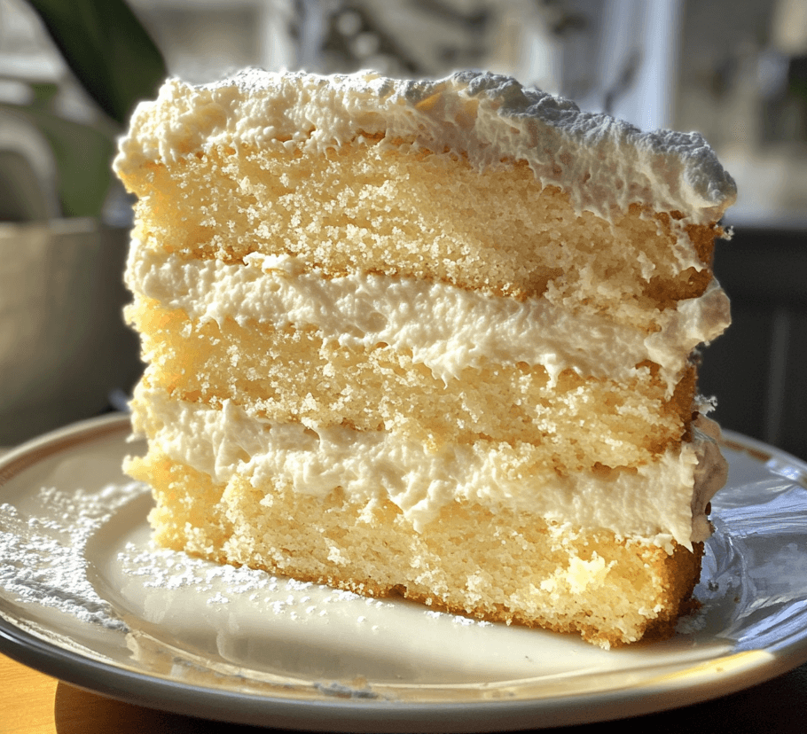 A slice of Grandma’s fluffy sponge cake with a golden crust, served on a delicate plate with a dusting of powdered sugar.