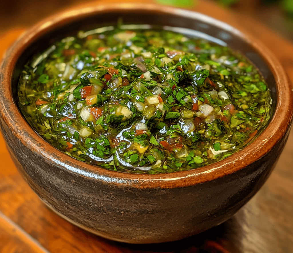 A small bowl of vibrant green chimichurri sauce, garnished with fresh parsley, served alongside grilled steak on a wooden board.