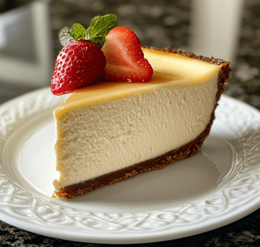 A slice of classic cheesecake with a golden graham cracker crust, topped with a fresh strawberry and a drizzle of berry sauce.