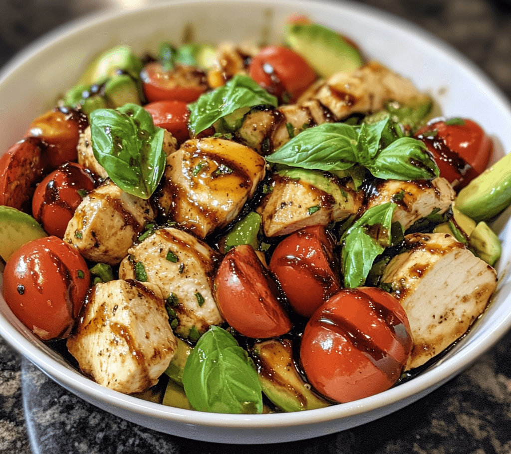 A vibrant plate of Balsamic Chicken Avocado Caprese Salad, featuring grilled chicken, ripe tomatoes, mozzarella, avocado, and basil, topped with a balsamic glaze.