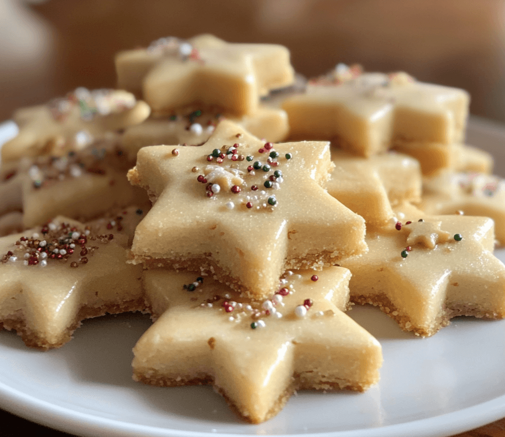 A plate of winter shortbread bites dusted with powdered sugar, shaped in festive designs and served on a snowy background.