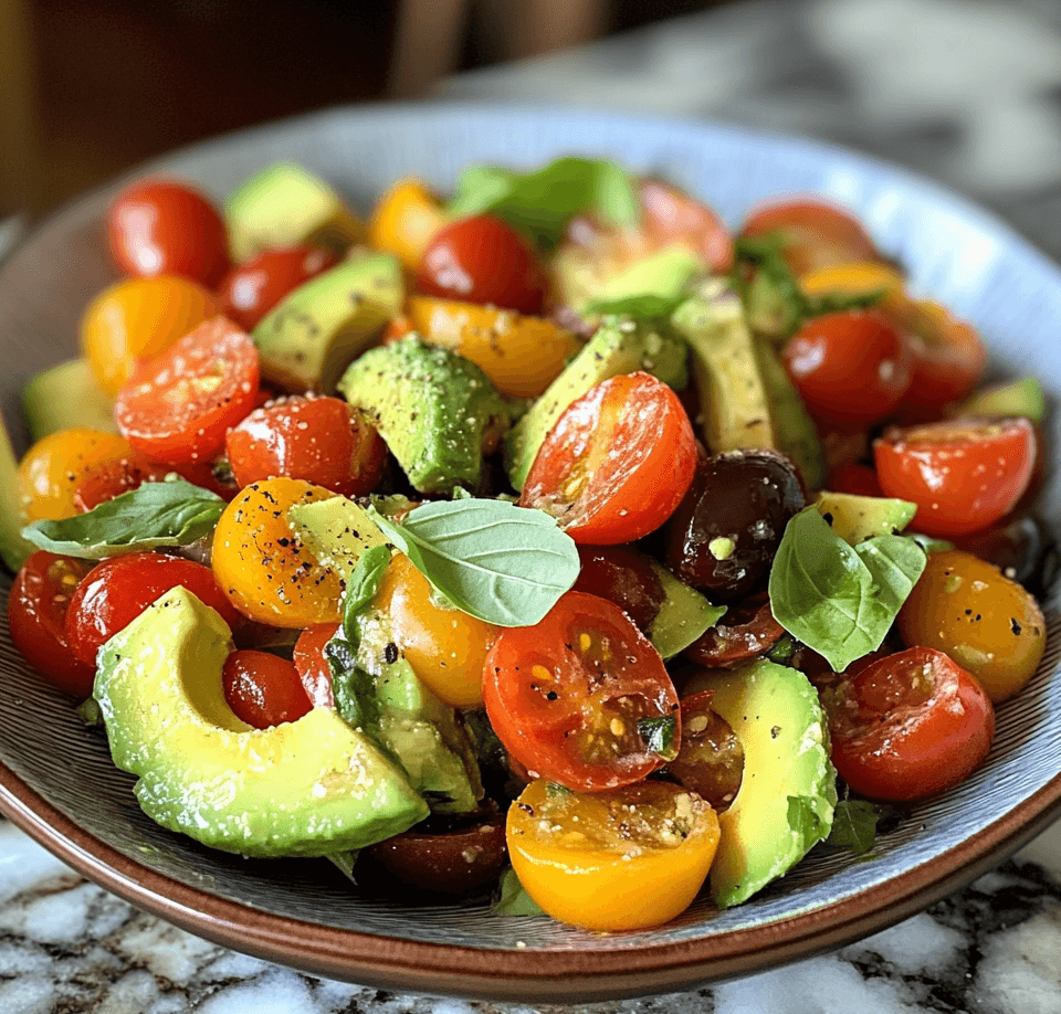 A colorful bowl of avocado and cherry tomato salad, featuring sliced avocado, halved cherry tomatoes, and fresh herbs, drizzled with olive oil and lemon dressing.