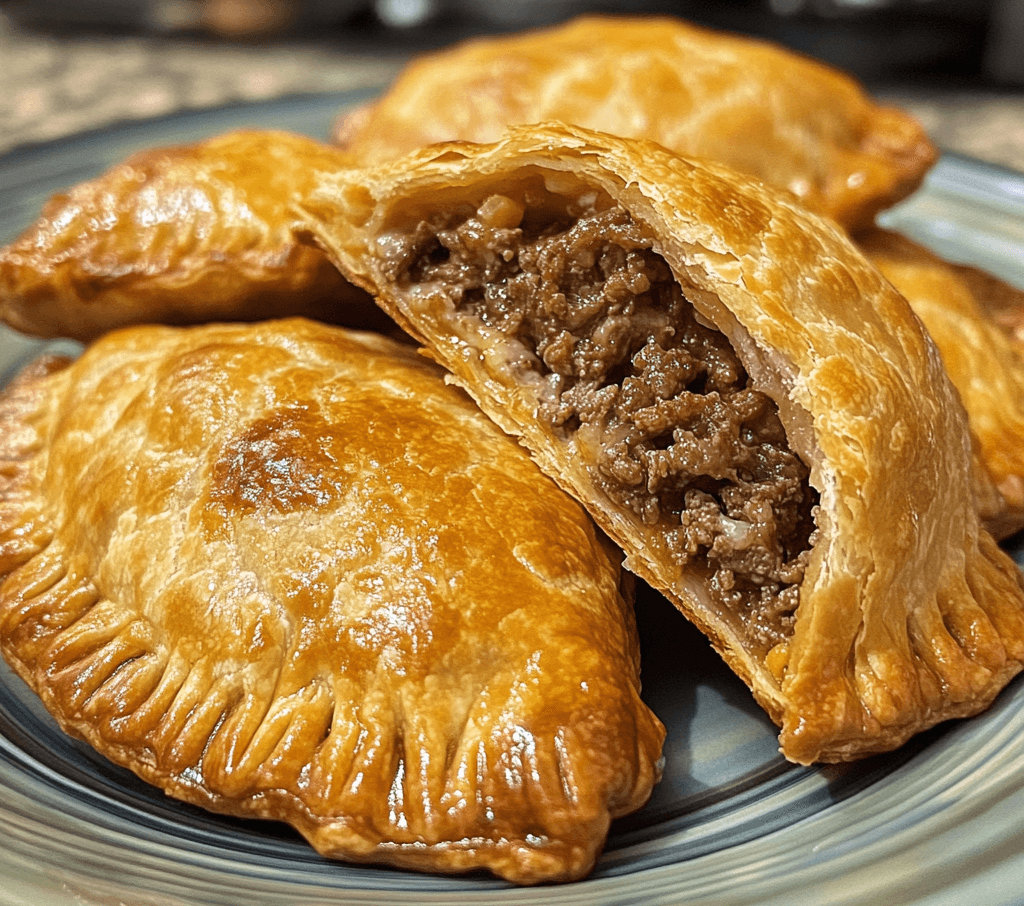 A plate of crispy beef and cheese empanadas, golden brown with a flaky crust, cut open to reveal the savory beef and melted cheese filling.