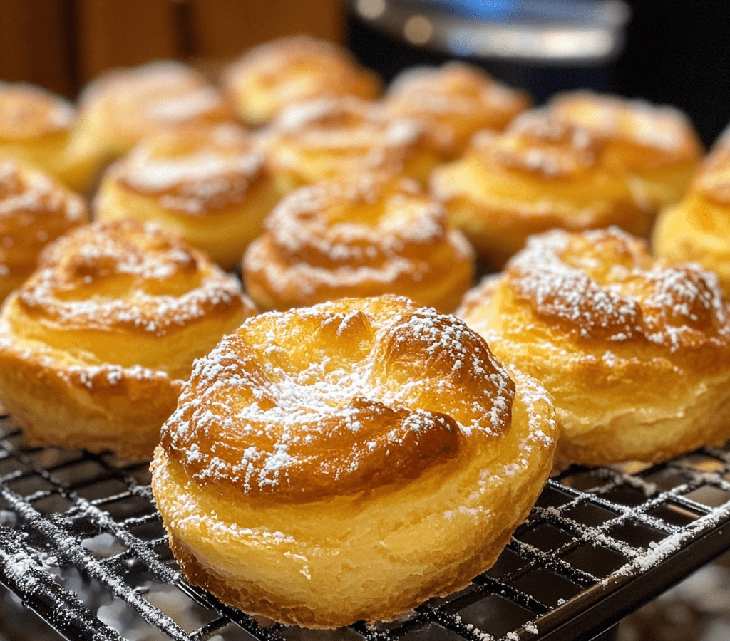 A plate of French breakfast puffs, golden and fluffy, dusted with powdered sugar and served alongside a cup of coffee.