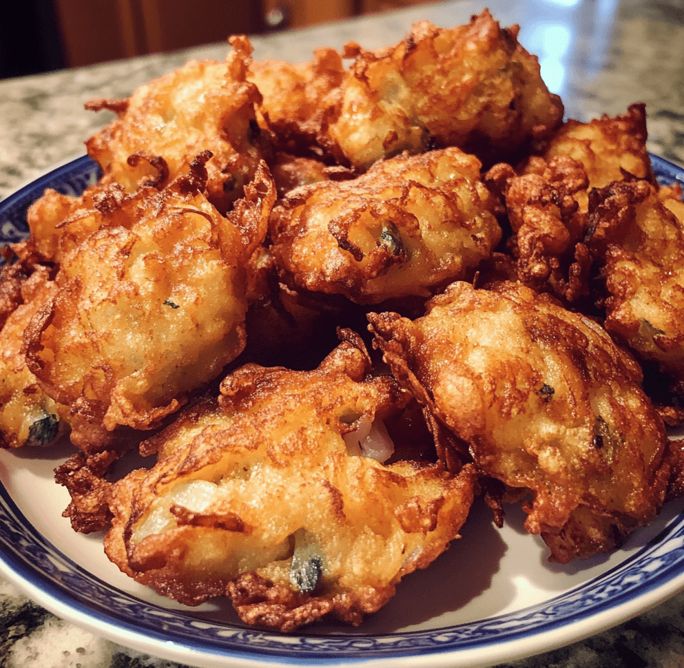 A plate of Amish onion fritters, golden brown and crispy, served with a side of dipping sauce.