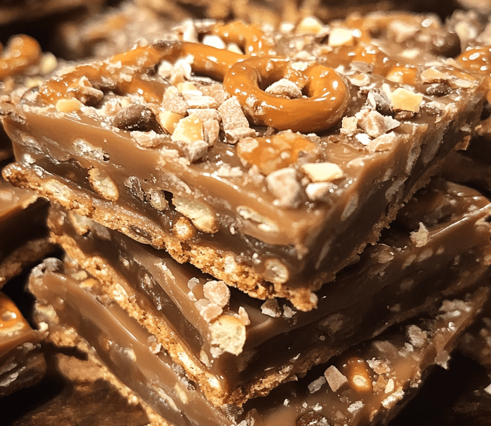 A tray of caramel pretzel crack bars, with a golden pretzel base, a gooey caramel layer, and a chocolate topping, cut into squares.