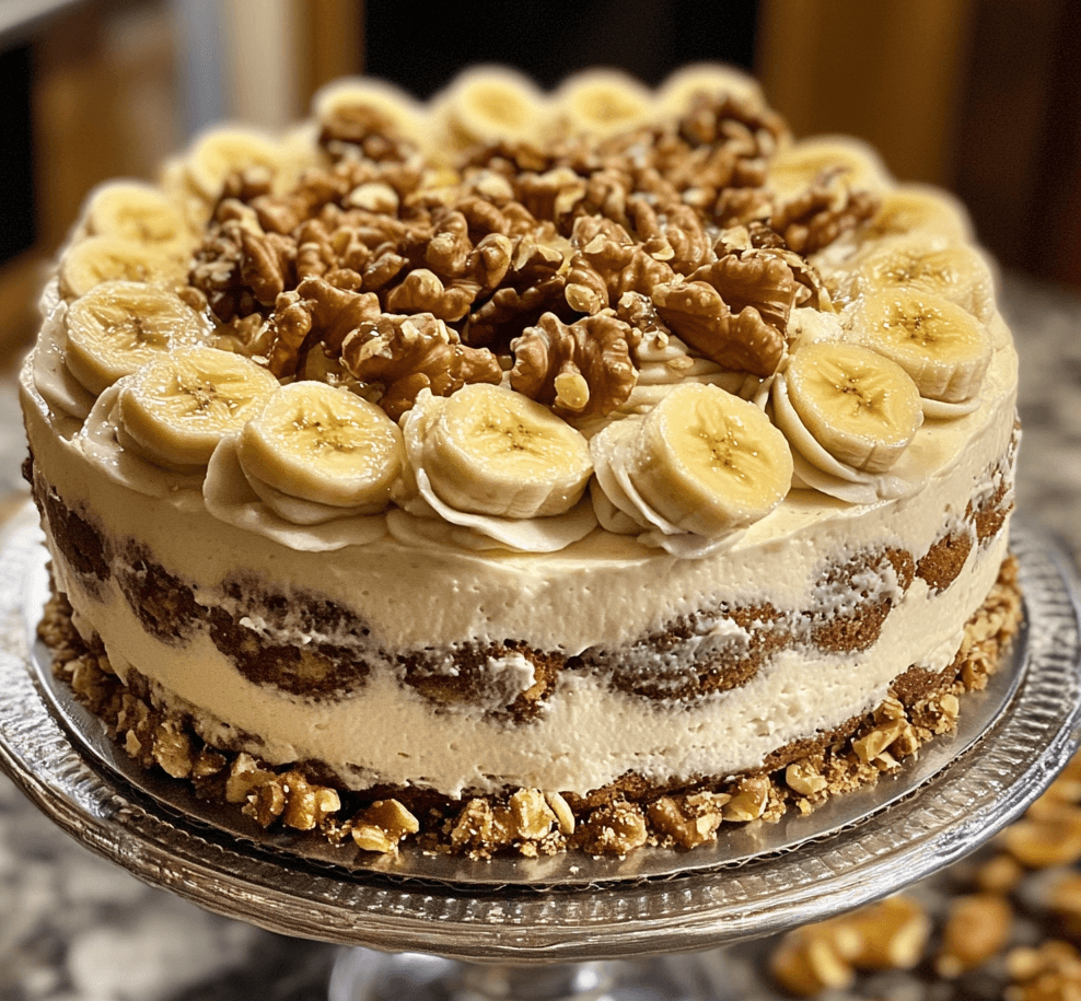 A slice of Heavenly Banana Walnut Cream Cake, with layers of moist banana cake, creamy frosting, and sprinkled with chopped walnuts.