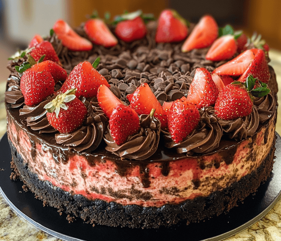 A slice of chocolate strawberry cheesecake with a velvety chocolate layer, topped with fresh strawberries, and set on a graham cracker crust.