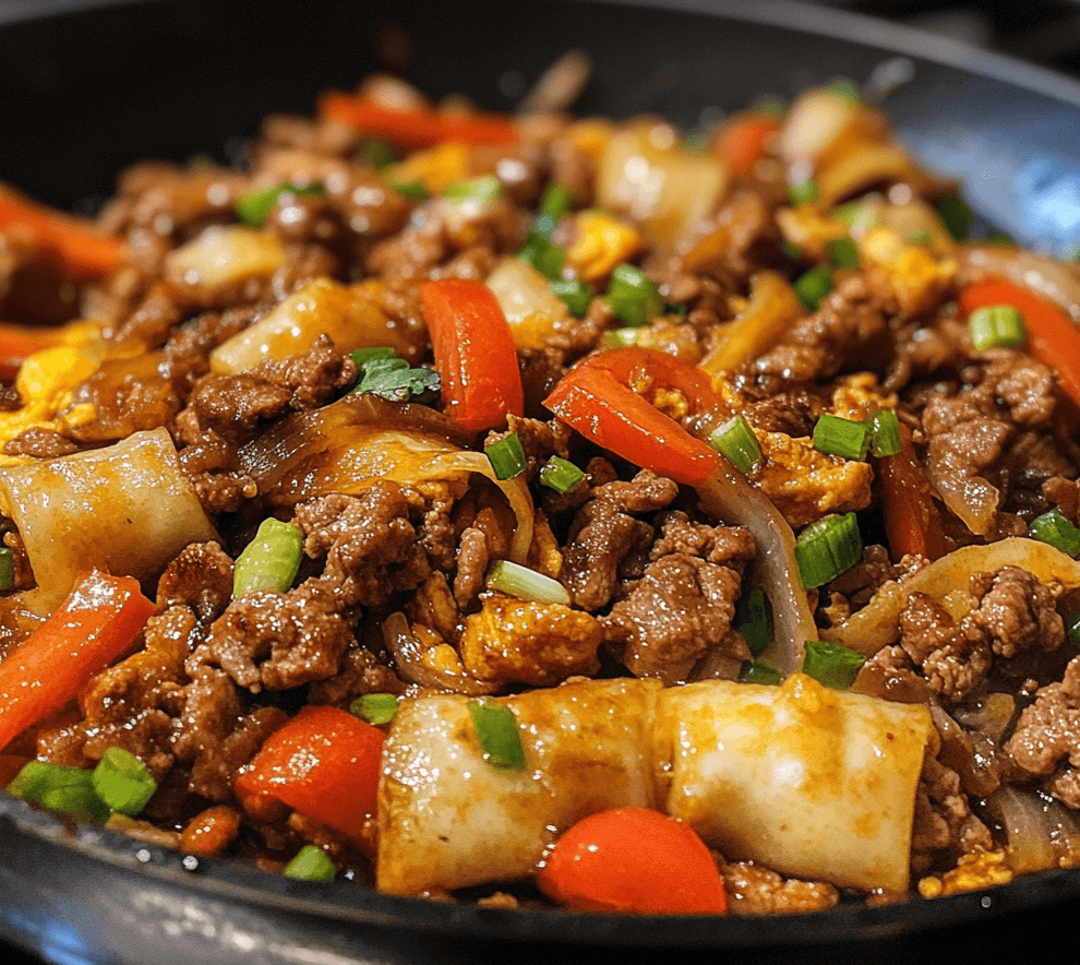 A colorful plate of egg roll stir fry, featuring shredded cabbage, carrots, bell peppers, and ground chicken, all tossed in a savory sauce and garnished with green onions.