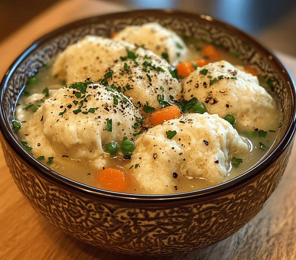 A steaming bowl of chicken and dumpling soup, featuring tender chunks of chicken, fluffy dumplings, and a medley of carrots and celery in a rich broth.