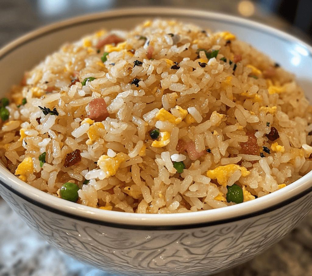 A bowl of Chinese fried rice, featuring golden grains of rice mixed with peas, carrots, scrambled eggs, and green onions, served with a side of soy sauce.