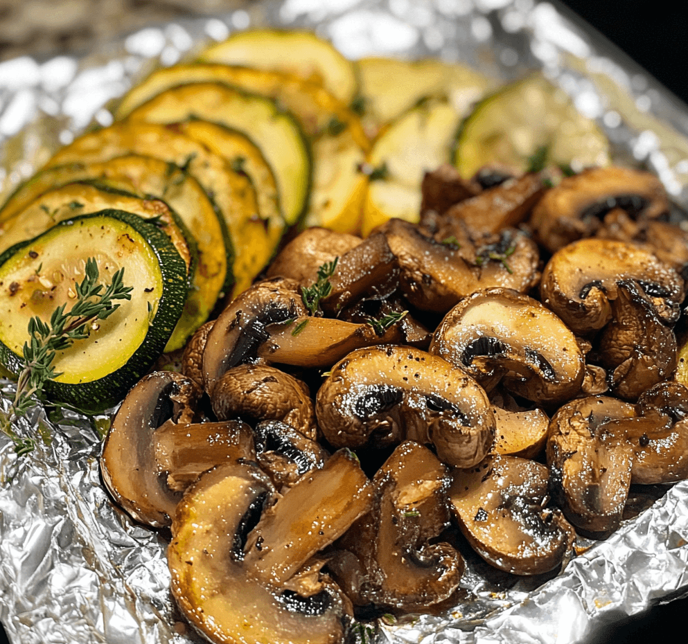 Vegetarian foil packet opened to reveal tender zucchini, mushrooms, and onions seasoned with fresh thyme, lightly browned and steaming.