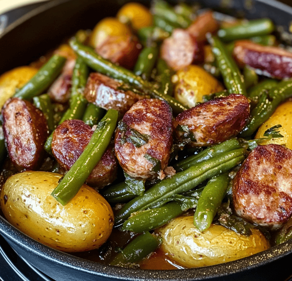 A skillet filled with sausage, green beans, and potatoes, seasoned and cooked to perfection, ready to serve as a hearty comfort meal.