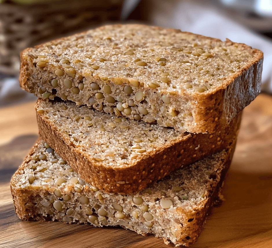 A loaf of healthy lentil bread, with a golden crust and a slice cut to reveal its dense, hearty interior, perfect for a nutritious meal.