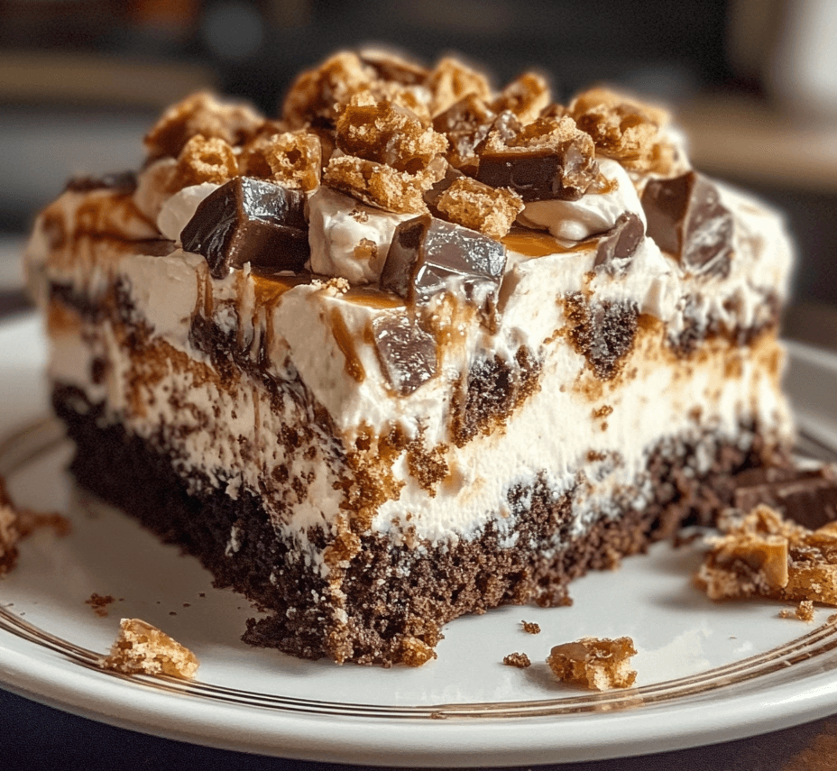 A slice of Heath Bar poke cake, topped with whipped cream and crumbled Heath bars, with a rich toffee filling visible inside.