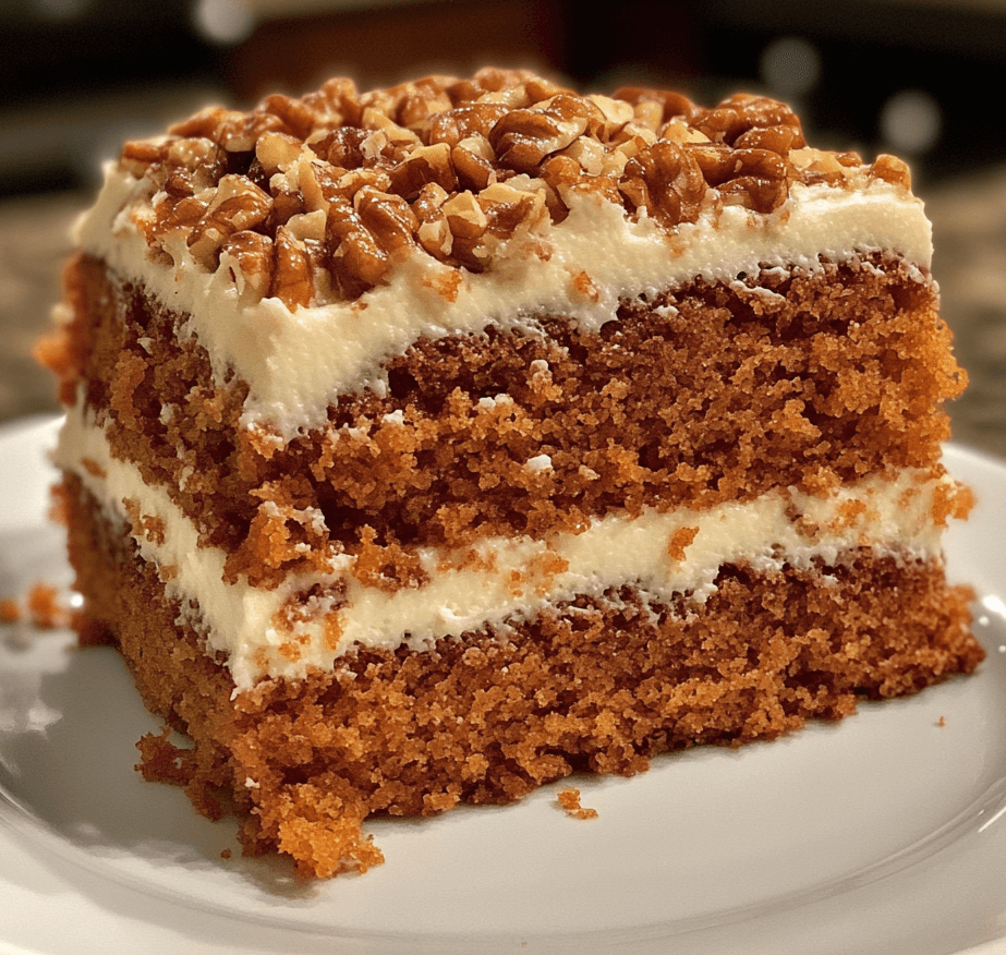 A slice of carrot walnut cake, showcasing a moist interior with grated carrots and walnut pieces, topped with cream cheese frosting and a sprinkle of chopped walnuts.