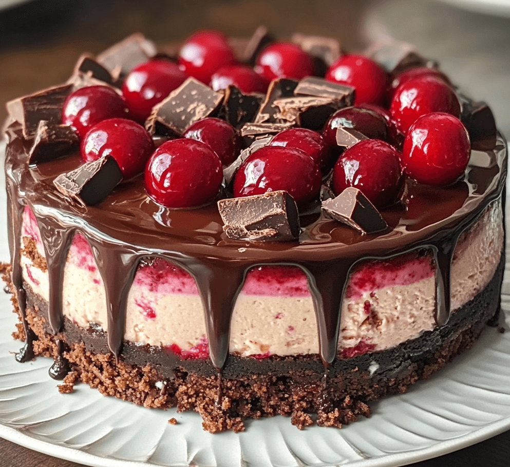 A slice of French Kiss chocolate truffle cherry cheesecake, featuring a smooth cheesecake layer, topped with rich chocolate truffles and a cherry, on a graham cracker crust.