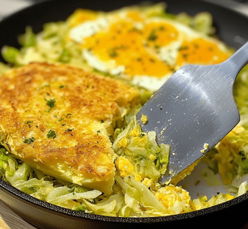 A skillet filled with sautéed cabbage and fluffy scrambled eggs, garnished with fresh herbs, showcasing a golden and appetizing dish.